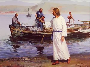 Image de Jesus avec les apotres pres de la barque.