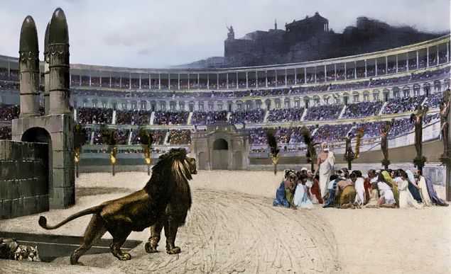 Image des martyrs chrétiens livrés aux lions dans le Colisée romain.