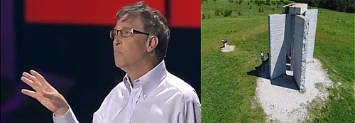 (Photos de Bill Gates et des Guidestones de Géorgie)